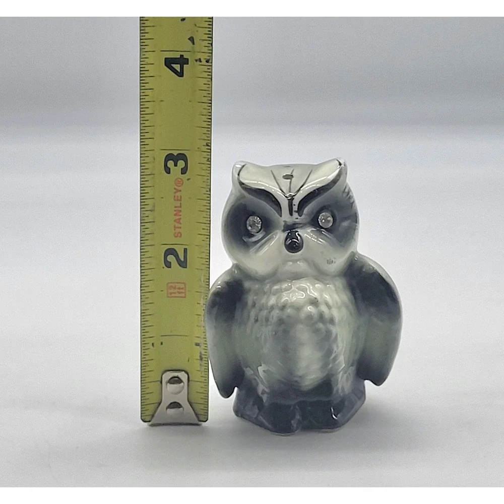 Vintage Enesco Japan MCM Owl Salt Pepper Shakers Gray Black Rhinestone Eyes